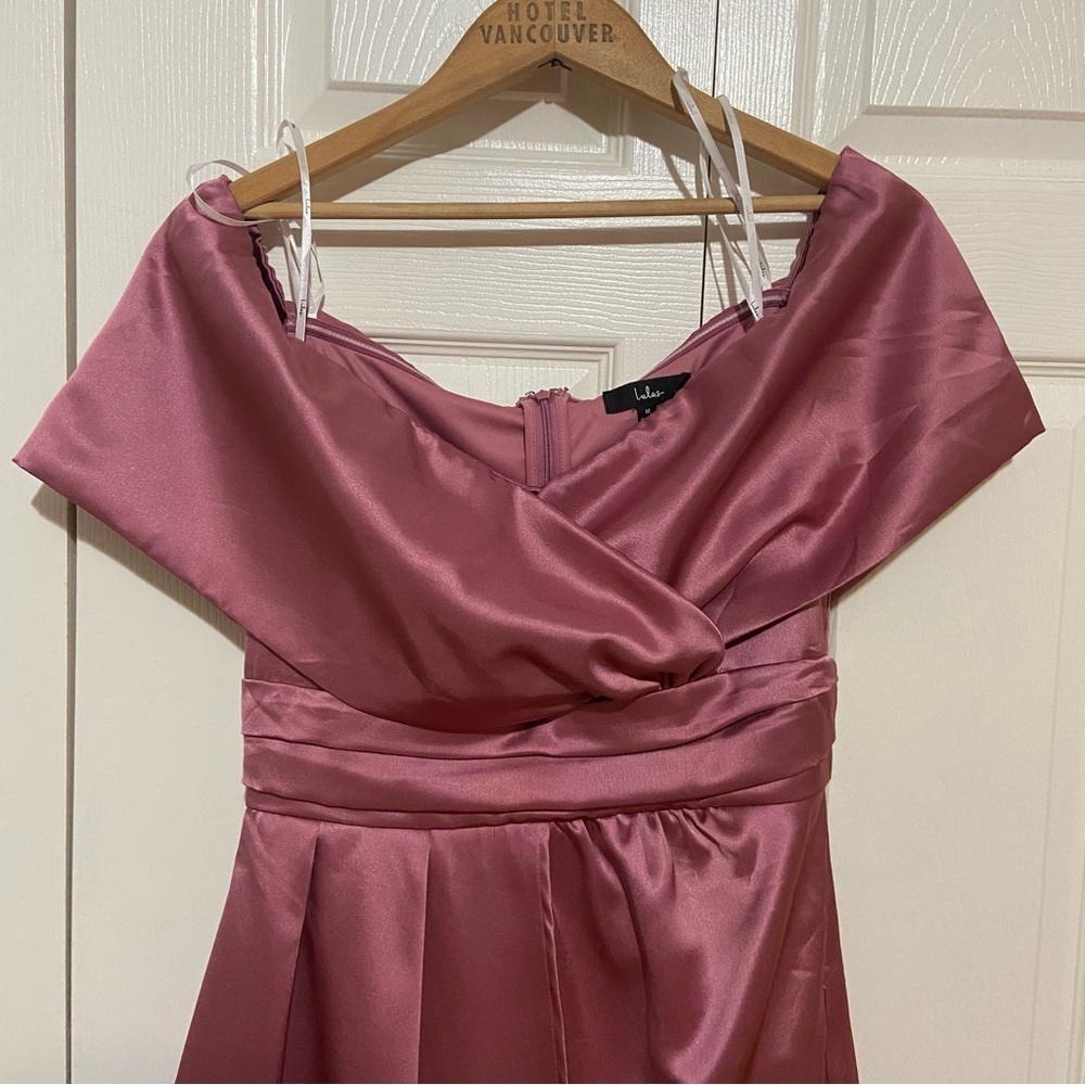 Lulu’s NWT Always Celebrating Mauve Pink Satin Off-the-Shoulder Mini Dress M - Picture 5 of 11